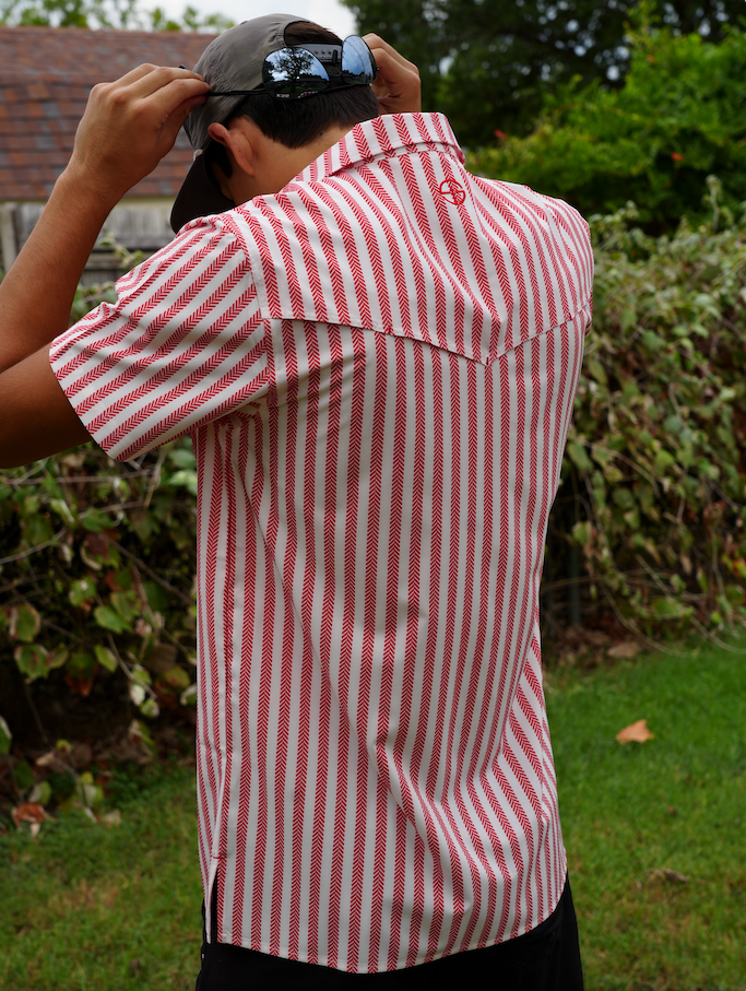 San Jac Men's Short Sleeve Performance Pearl Snap Shirt - Red Stripe-San Jac Outdoors