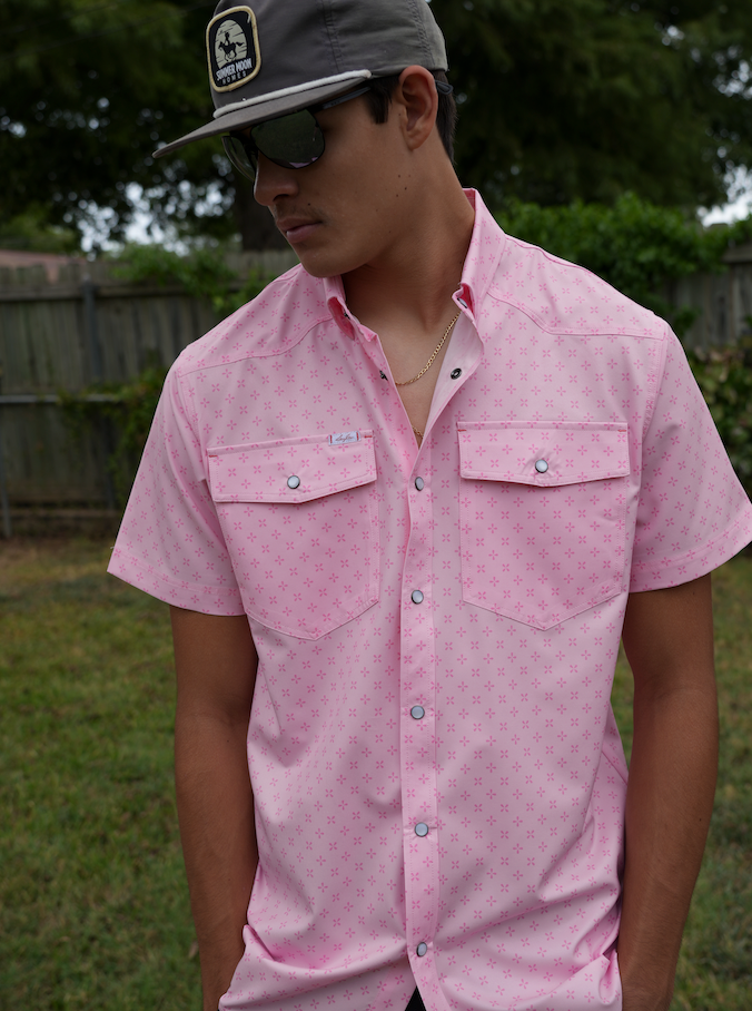 San Jac Men’s Short Sleeve Performance Pearl Snap - Pink Pattern