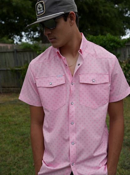 San Jac Men’s Short Sleeve Performance Pearl Snap - Pink Pattern