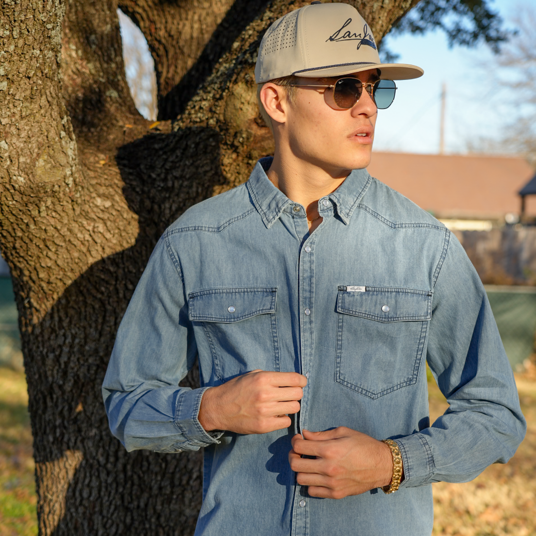 San Jac Men's Long Sleeve Denim Pearl Snap Shirt - Dark Wash