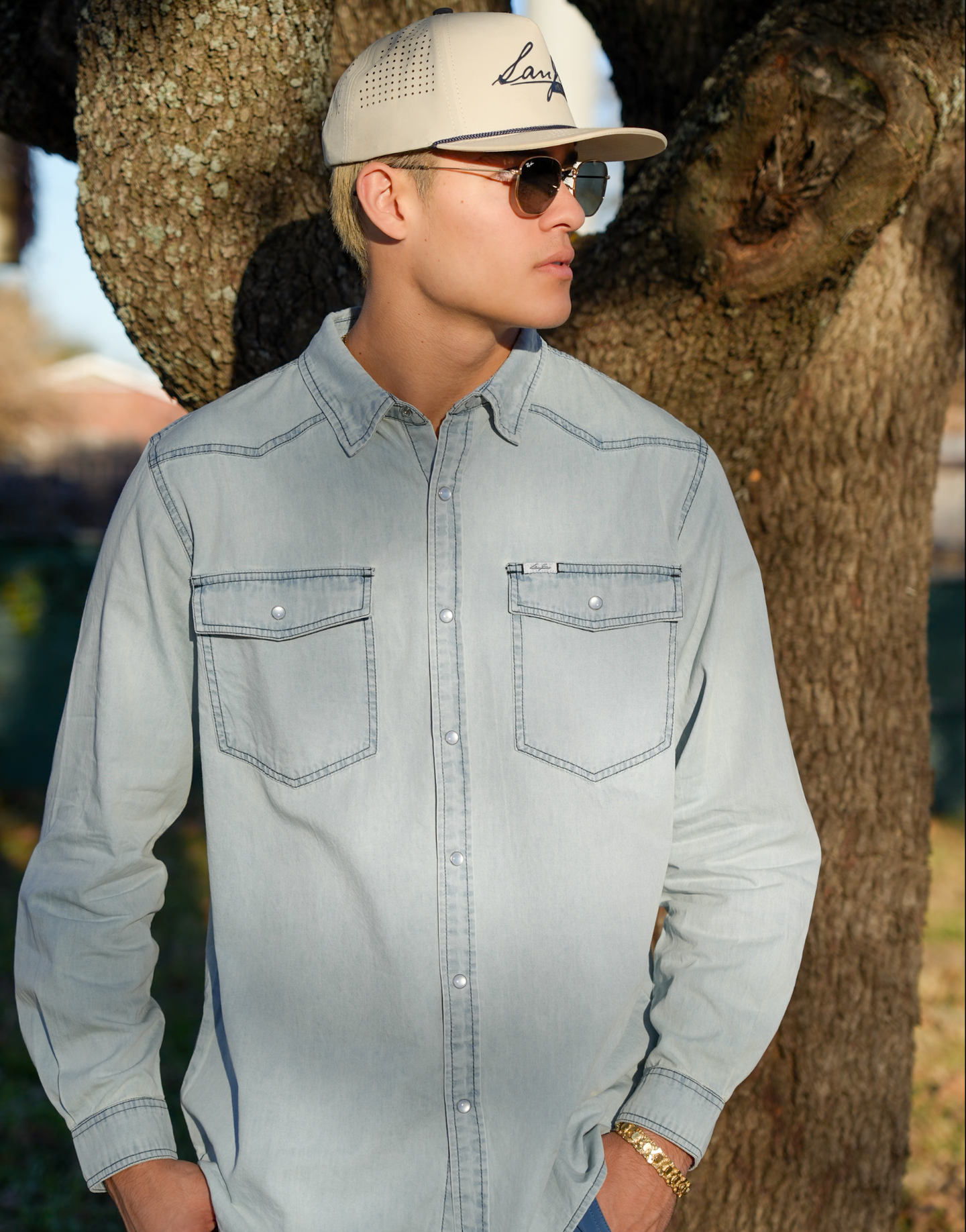 San Jac Men's Long Sleeve Denim Pearl Snap Shirt - Light Wash