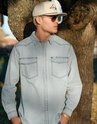 San Jac Men's Long Sleeve Denim Pearl Snap Shirt - Light Wash