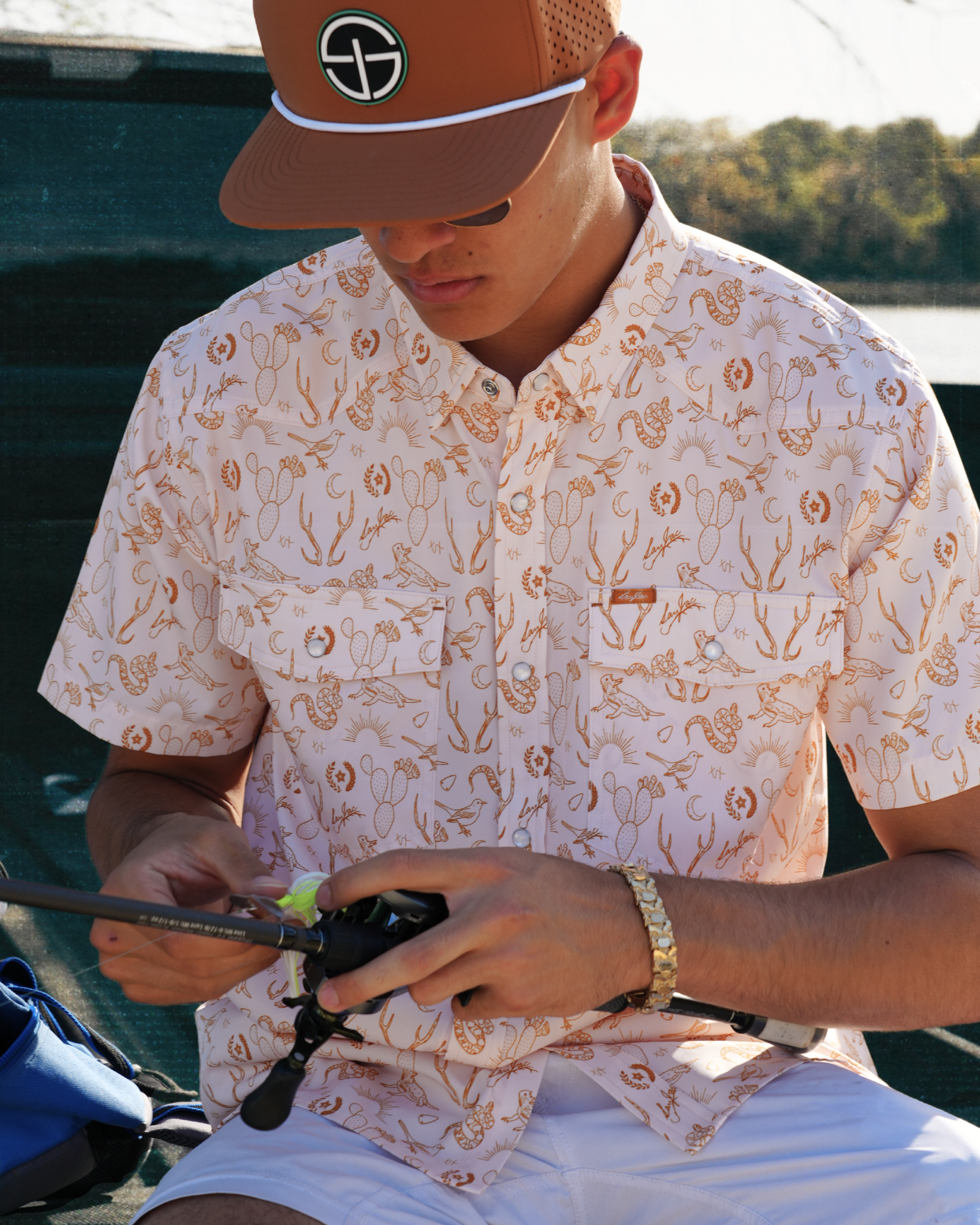 San Jac Men's Short Sleeve Performance Pearl Snap Shirt - Texas Sun